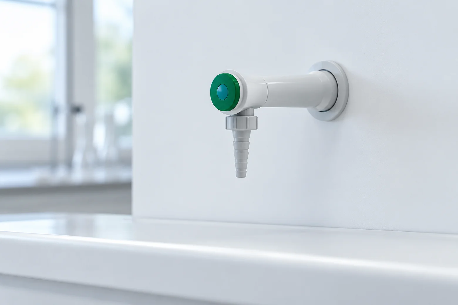 Wasserentnahmestelle mit grünem Drehgriff und Schlauchtülle an der Wand über einer Laborplatte