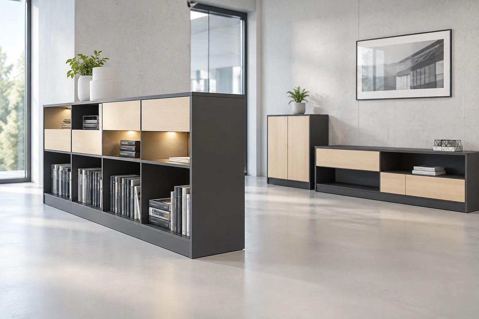 Büromöbel: offenes Regal, Schrank und niedriges Sideboard in einem hellen Büro