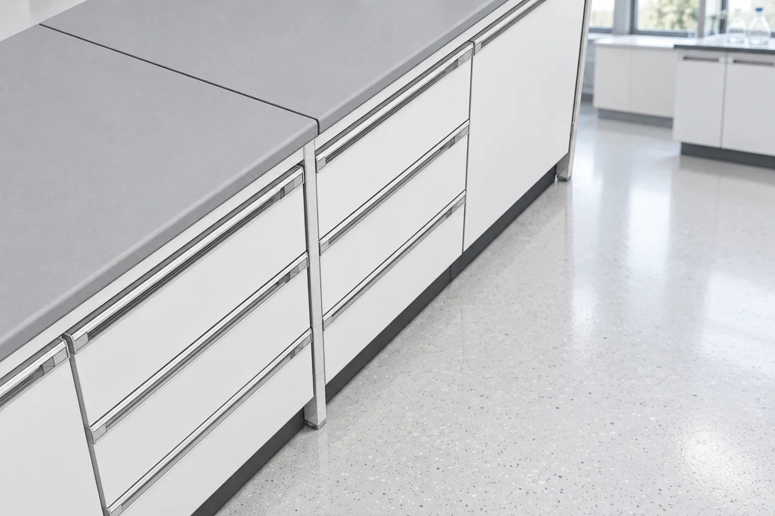 Grey laminate worktop on drawer cabinets, close-up of the edge in a laboratory