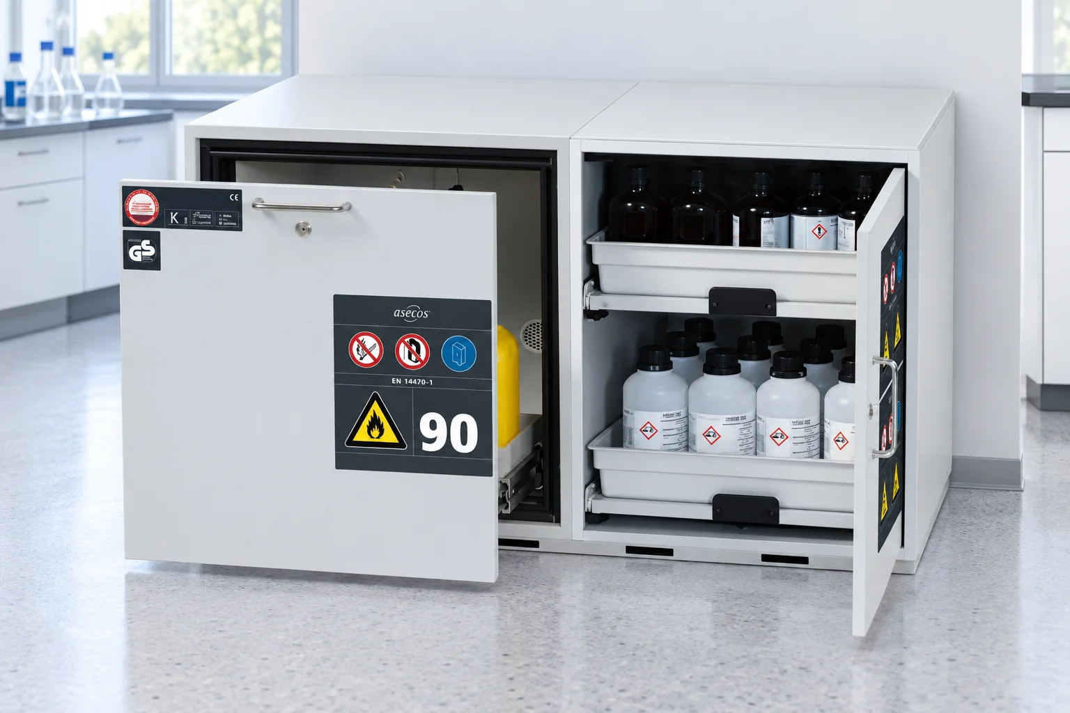 K-UB under-bench safety cabinet with pull-out drawers for bottles in a laboratory