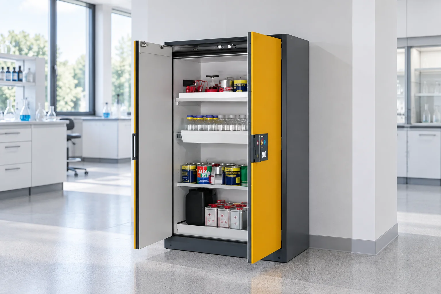 Double-door Q-Pegasus safety cabinet with yellow doors and shelves of chemicals in a laboratory
