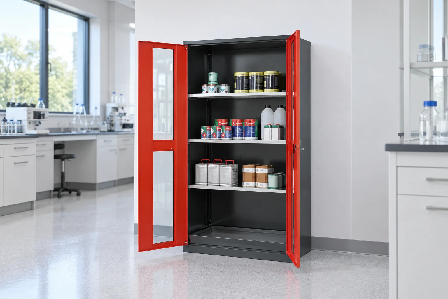 CS-Classic chemical cabinet with red glazed doors and shelves of containers in a laboratory