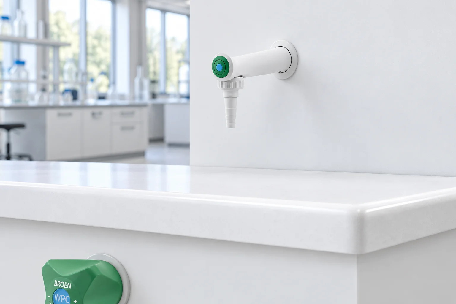 Fume hood fitting set: wall water outlet with a hose nozzle and a BROEN valve with a green handle
