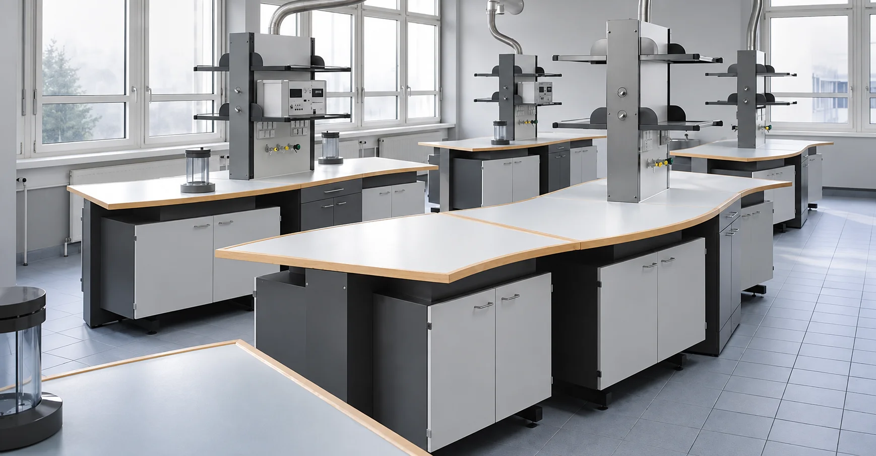 Laboratorium z mebli na zamówienie RL Indywidual: wyspy z zaokrąglonymi blatami i kolumnami mediów