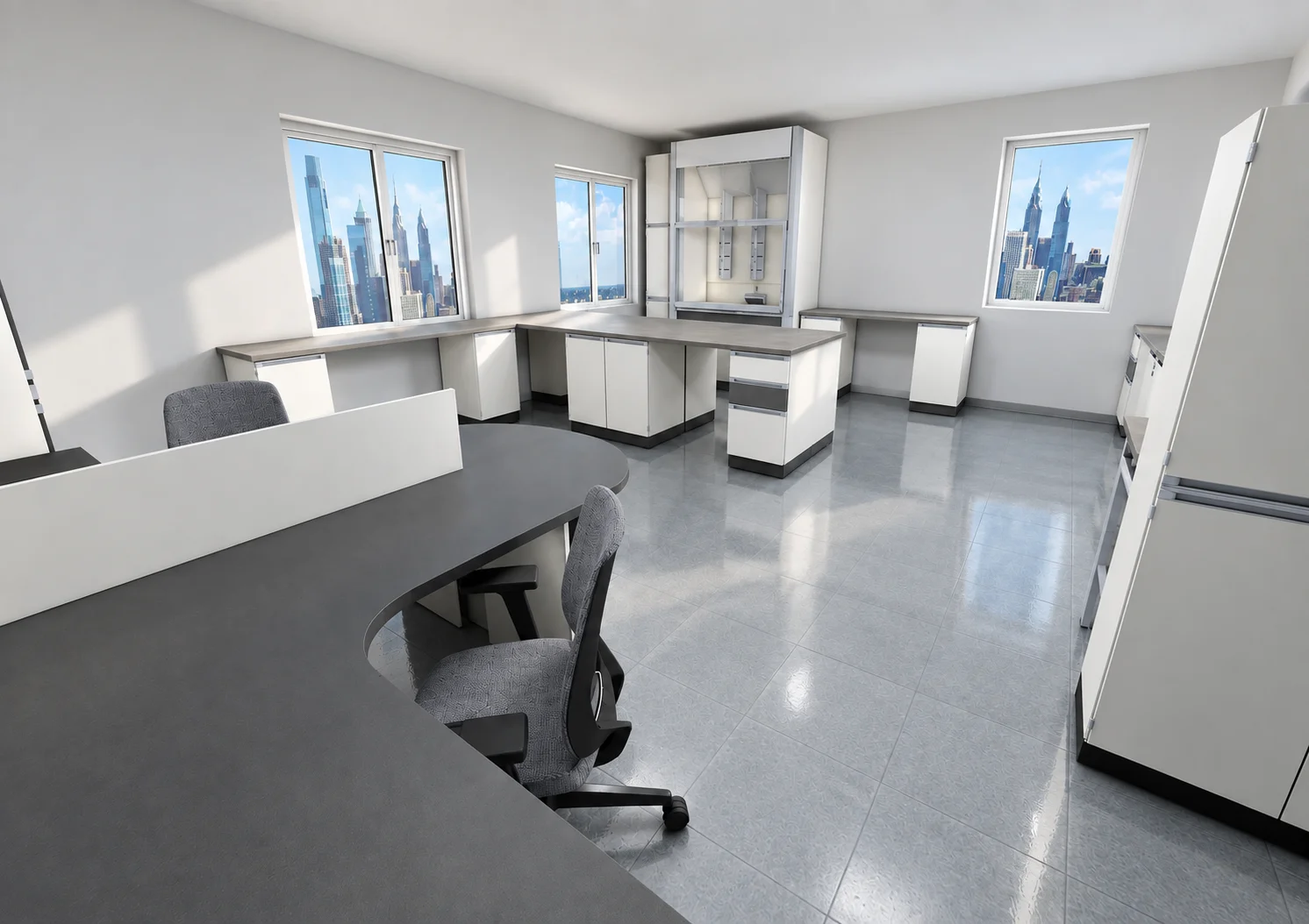 Room with a curved dark desk, a swivel chair, cabinets and a display case