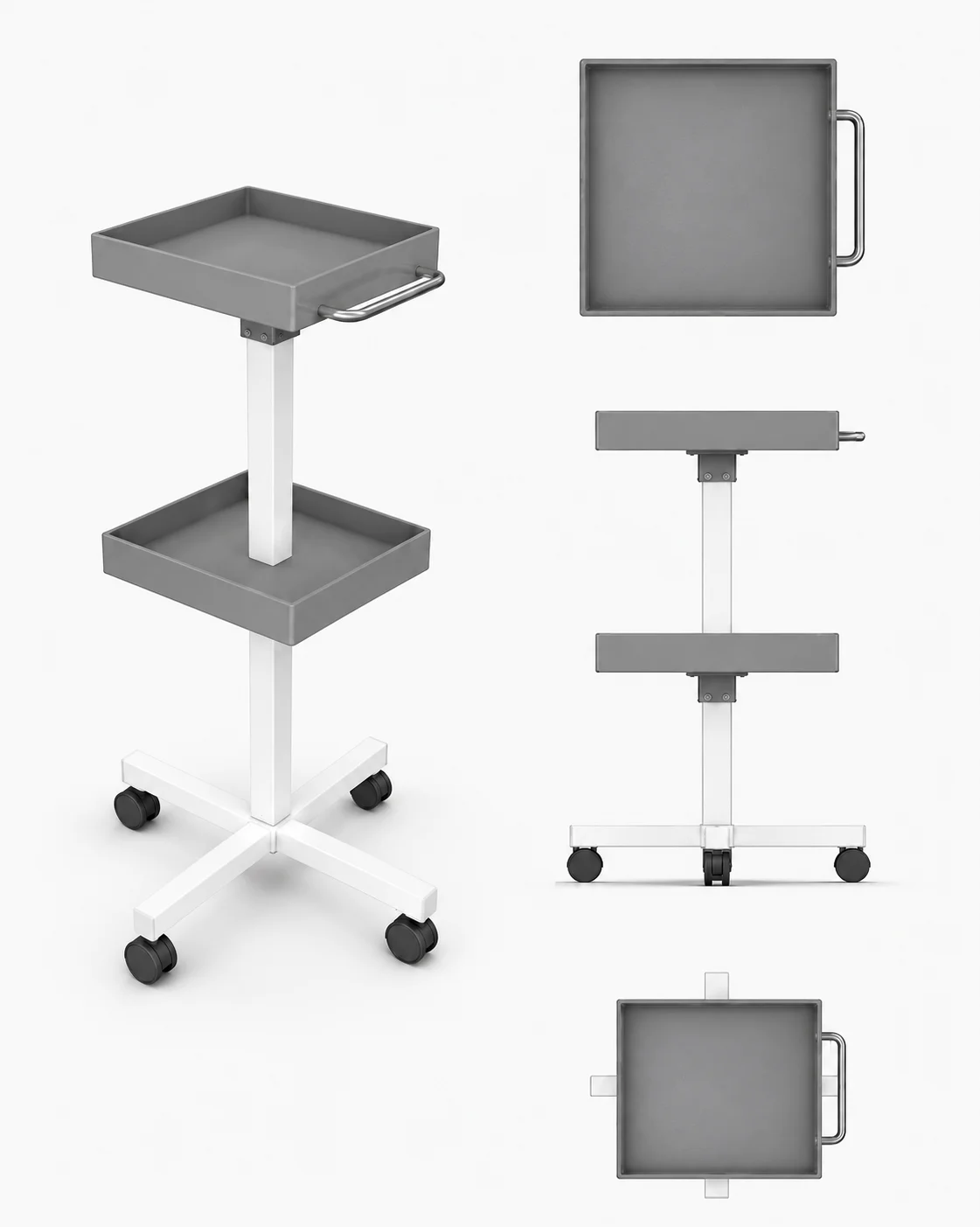 Mobiler Instrumententisch mit zwei Tabletts auf Rollen, Ansichten von mehreren Seiten