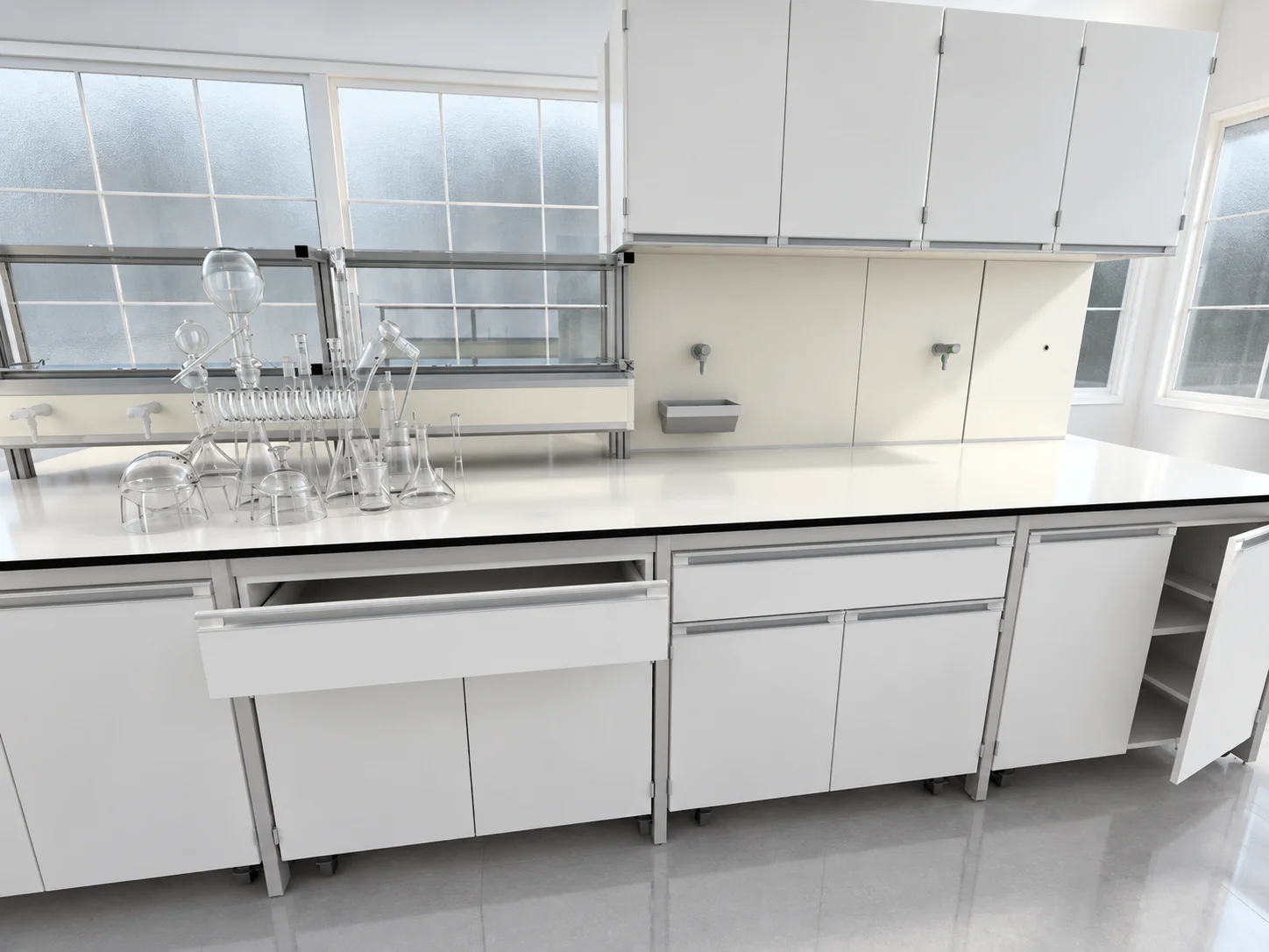 RL6 laboratory furniture system: wall bench with a pulled-out cabinet, glassware and wall cabinets