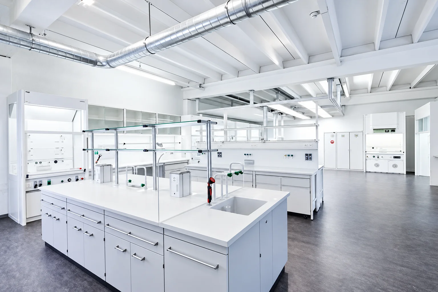 Laboratory with an island with a sink and glass shelves, fume hoods along the walls