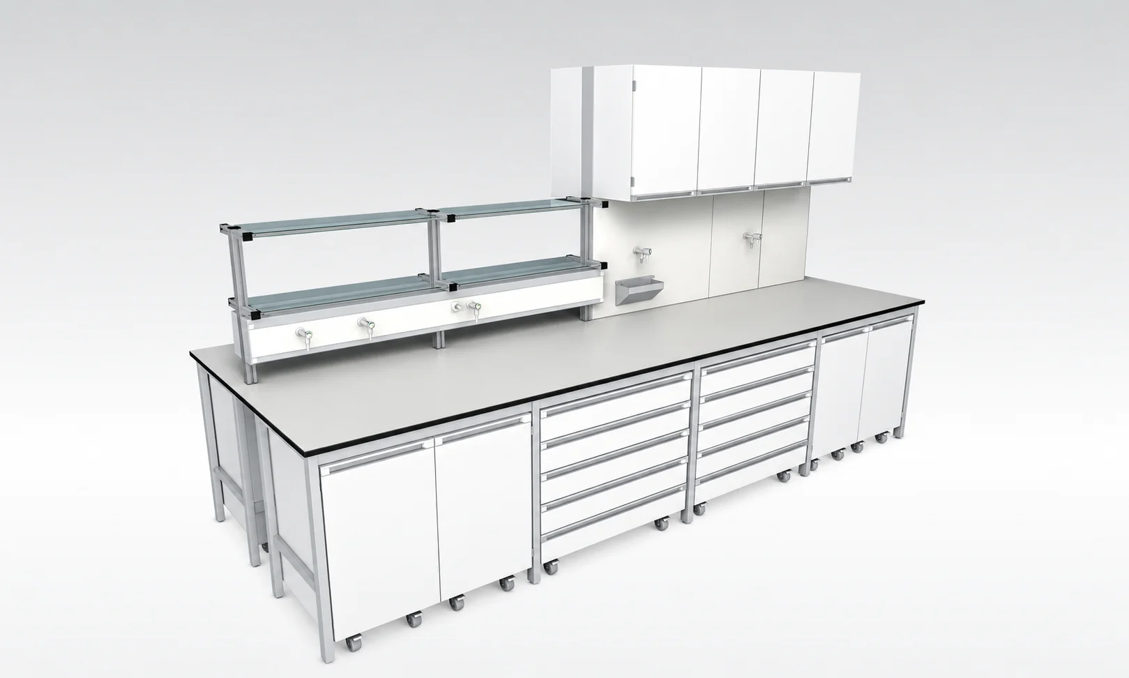 Frame laboratory bench with drawers, a glass-shelf superstructure and wall cabinets