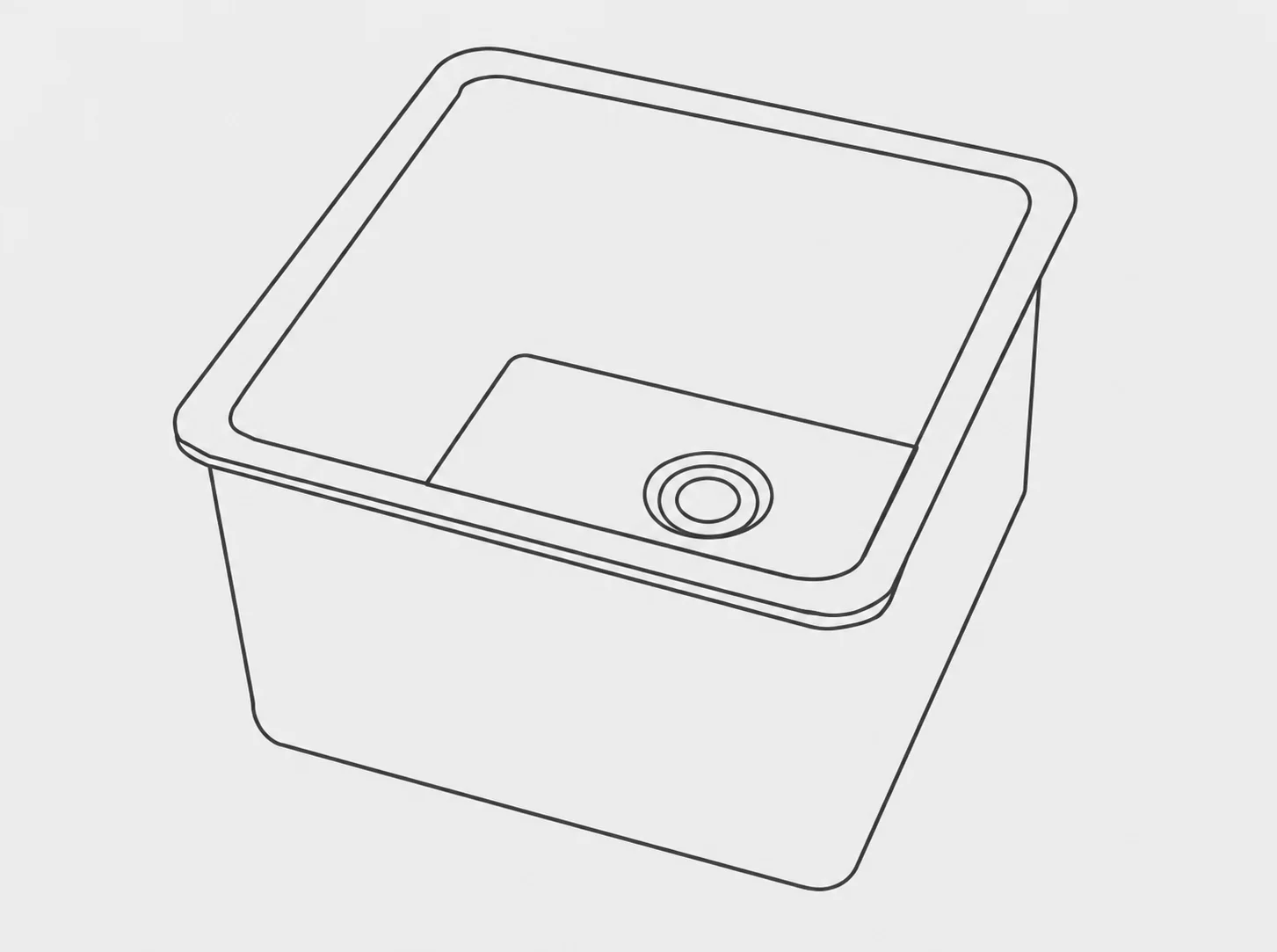 Line drawing of a square laboratory sink with a drain