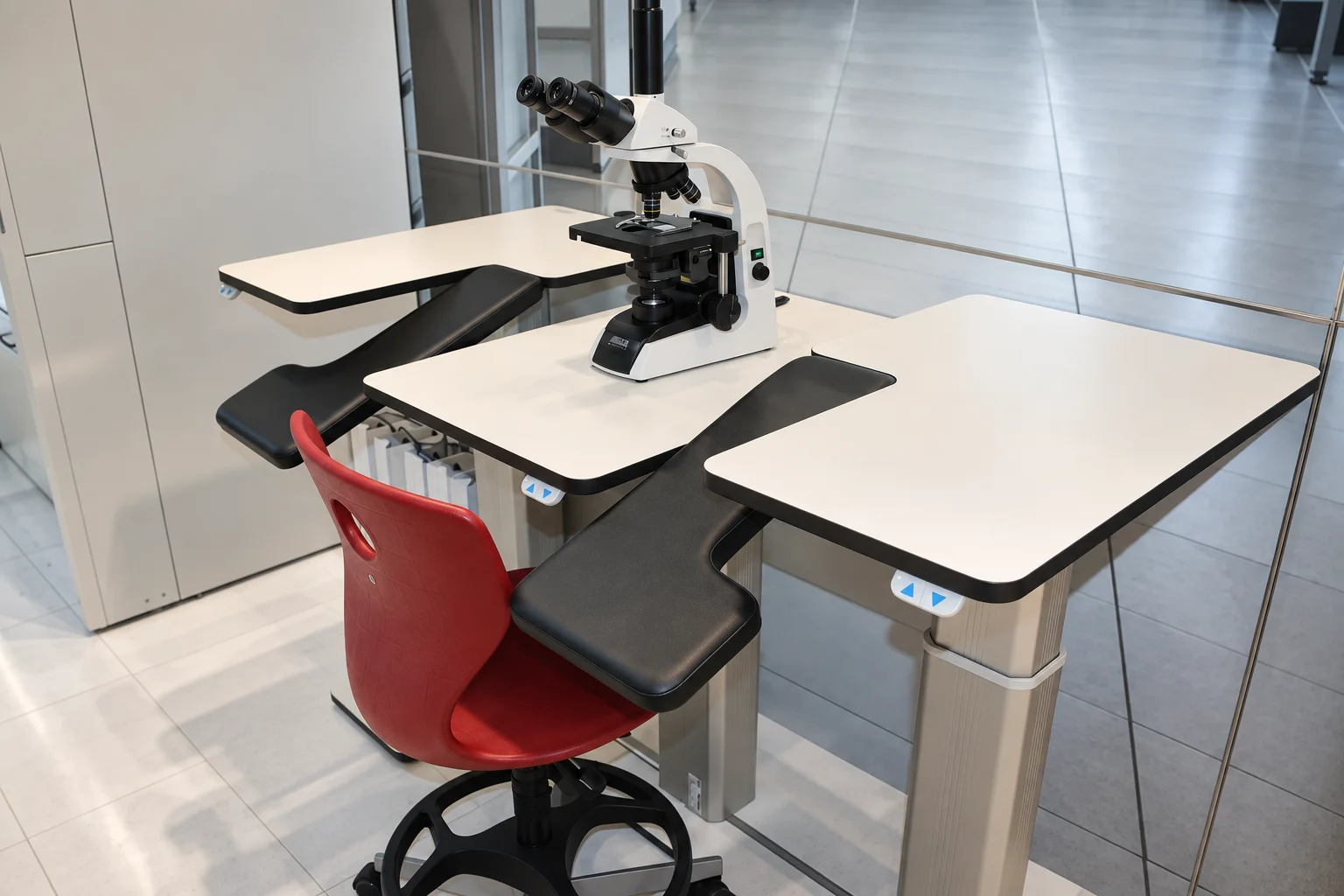 Microscope table with armrests and height adjustment, a microscope on top and a red chair