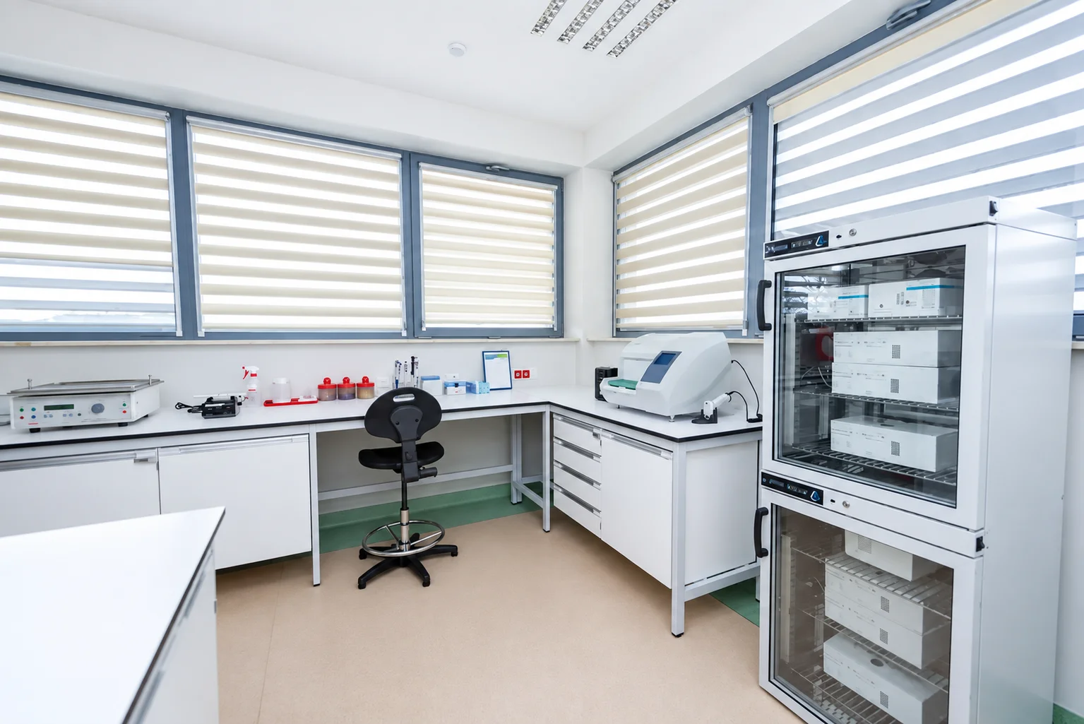 Sanitary and Epidemiological Station in Radom: laboratory benches under the windows, a chair and a refrigerated cabinet