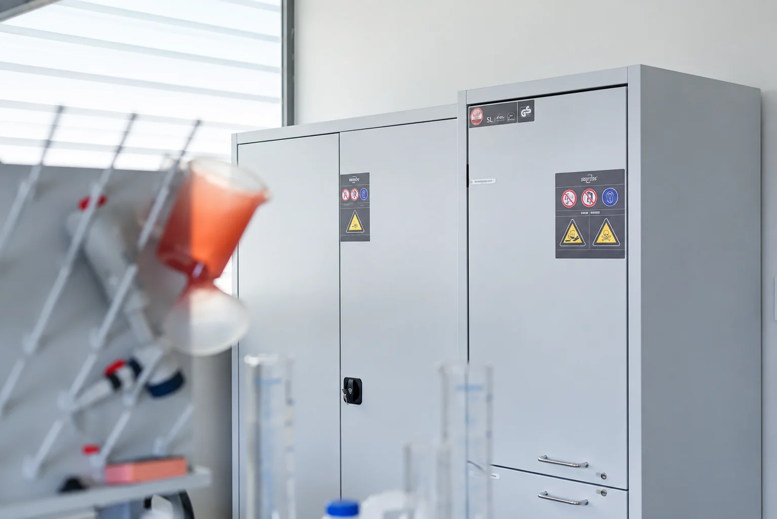 Radomo sanitarinė epidemiologinė stotis: chemikalų saugos spintos šalia laboratorinių indų džiovyklės