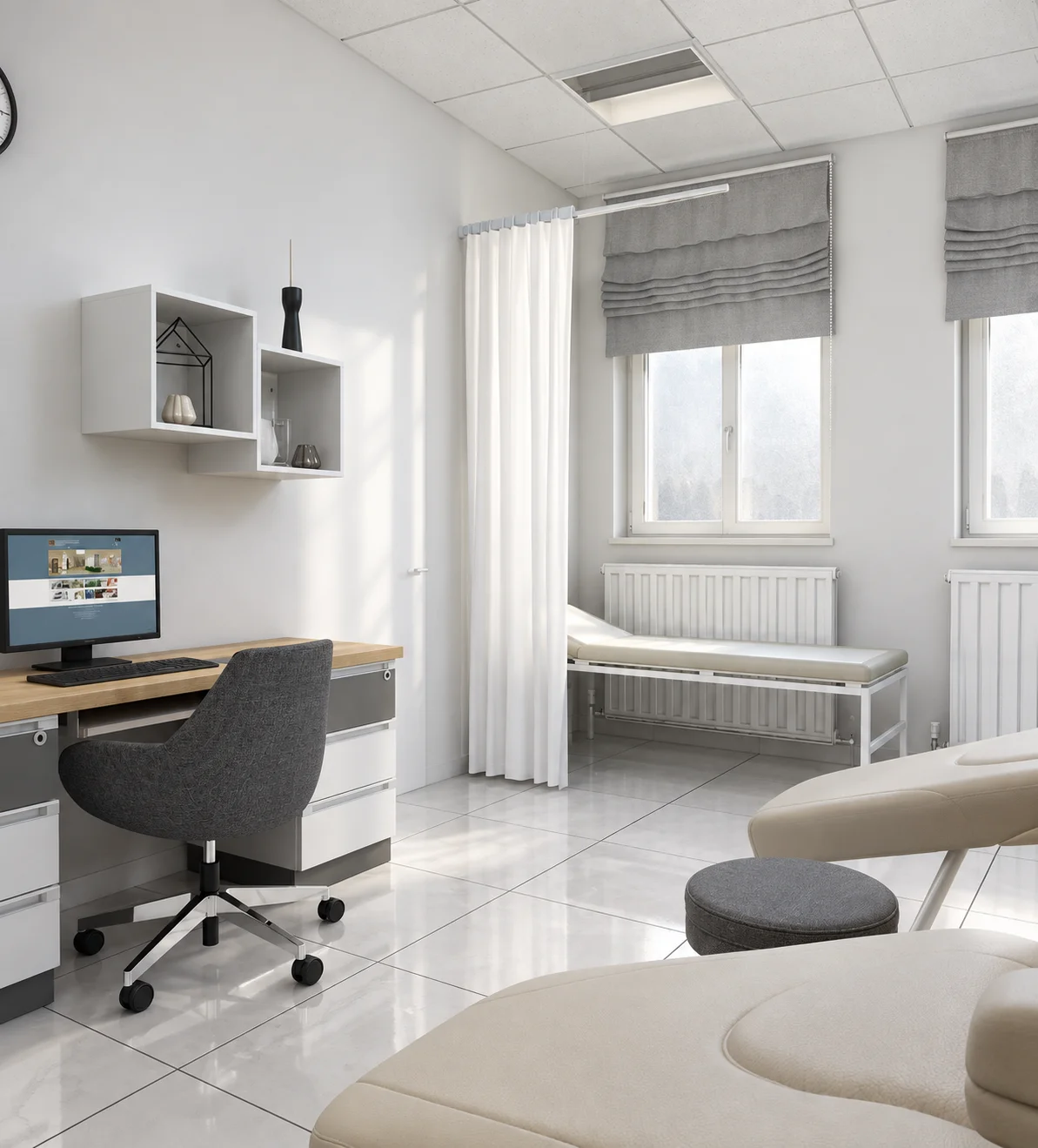 Doctor's office with a desk, computer, examination couch and treatment chair