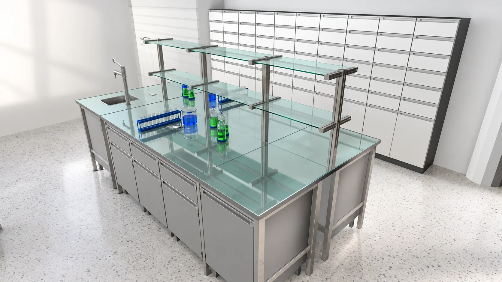 Laboratory island with a glass worktop, glass superstructure and grey cabinets, drawer wall in the background