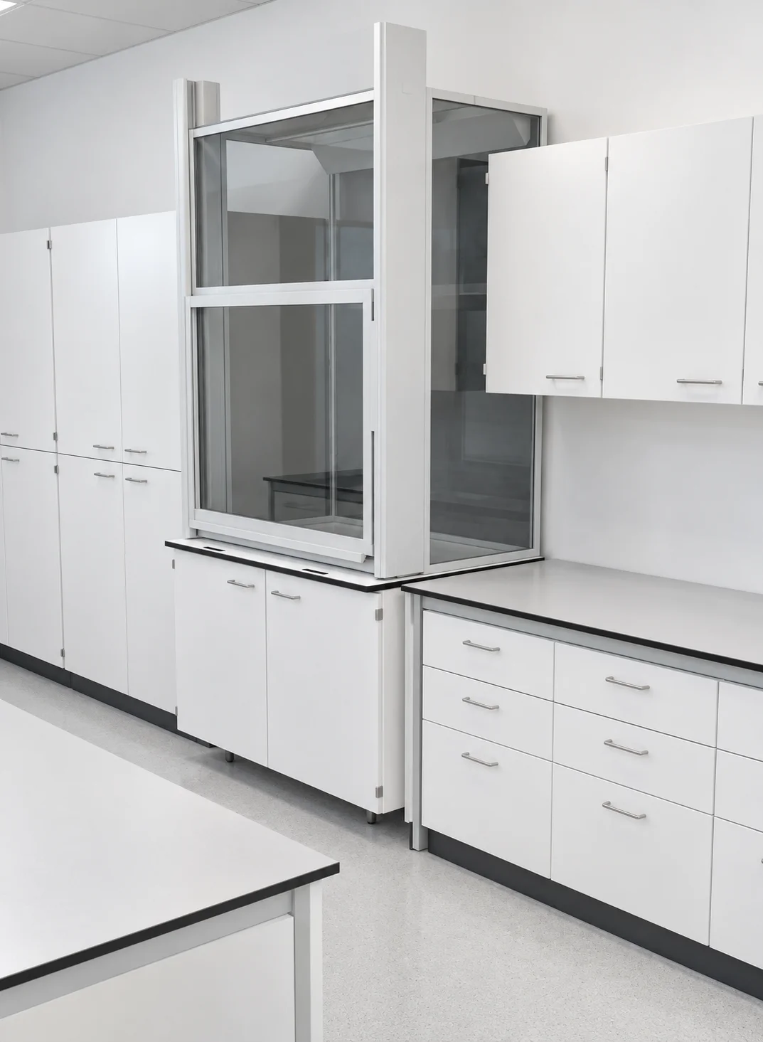 Ductless fume hood in a laboratory next to tall cabinets and a bench with drawers