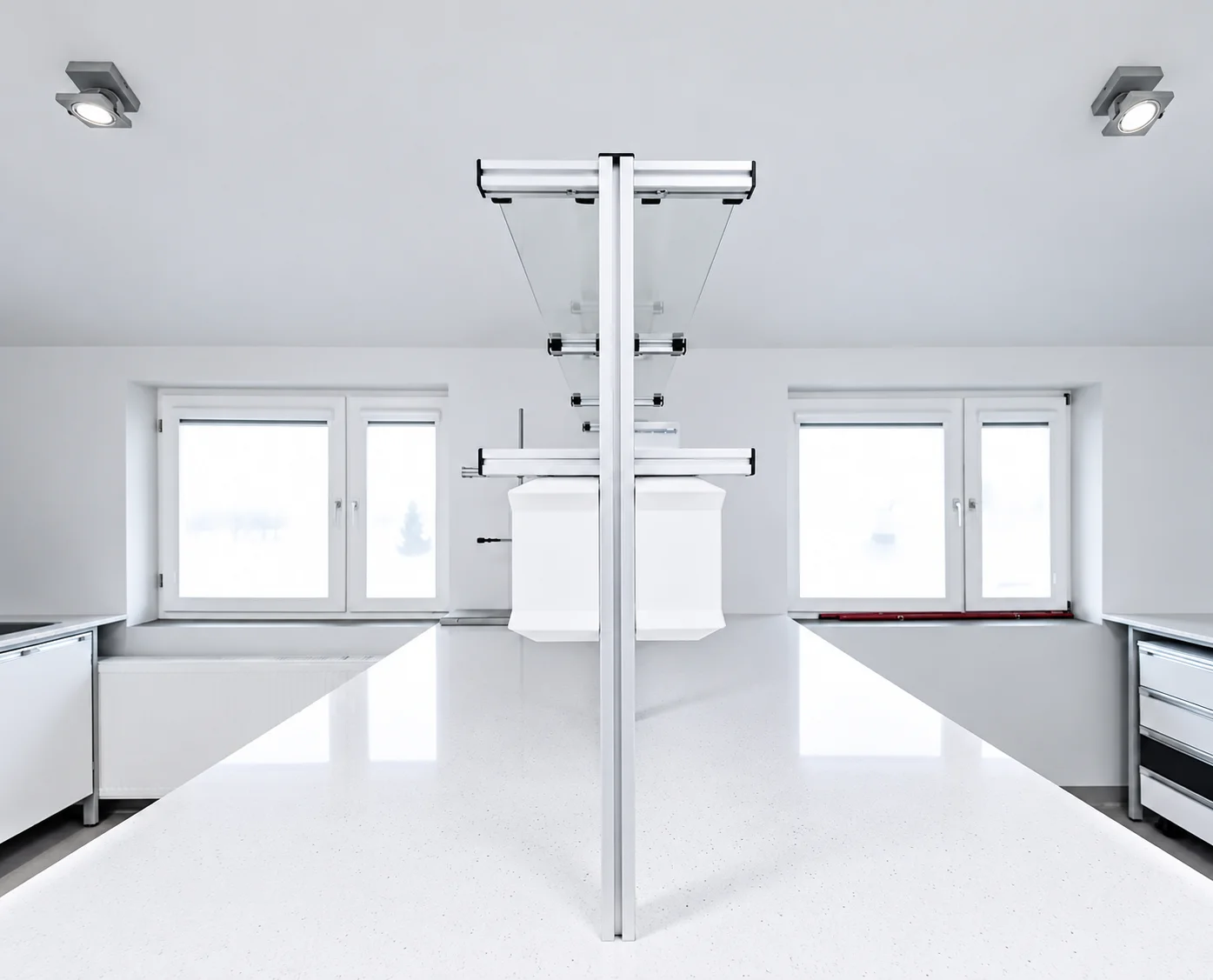 Pharmazeutisches Labor in Warschau: Insel mit weißer Arbeitsplatte und an der Decke abgehängter Mediensäule
