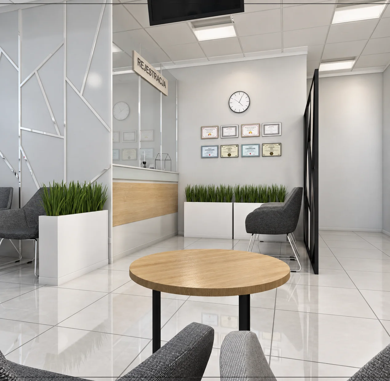 Clinic waiting area with a reception desk, round table, armchairs and plants