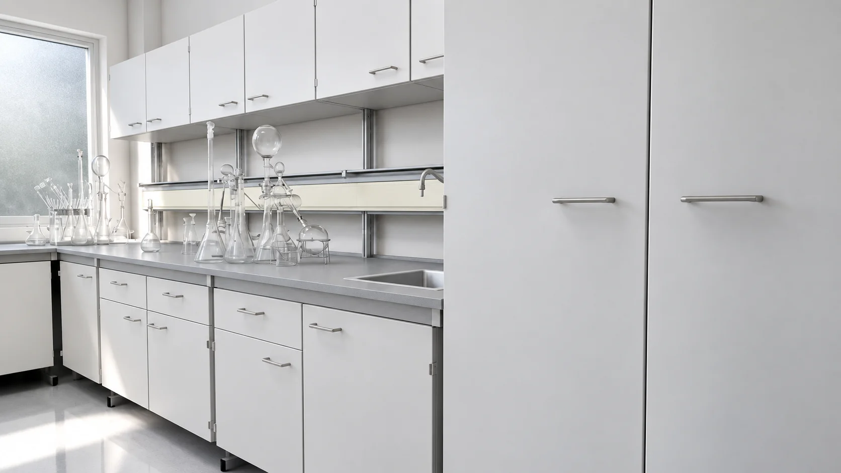 Wall bench with a grey laminate worktop, wall cabinets and laboratory glassware