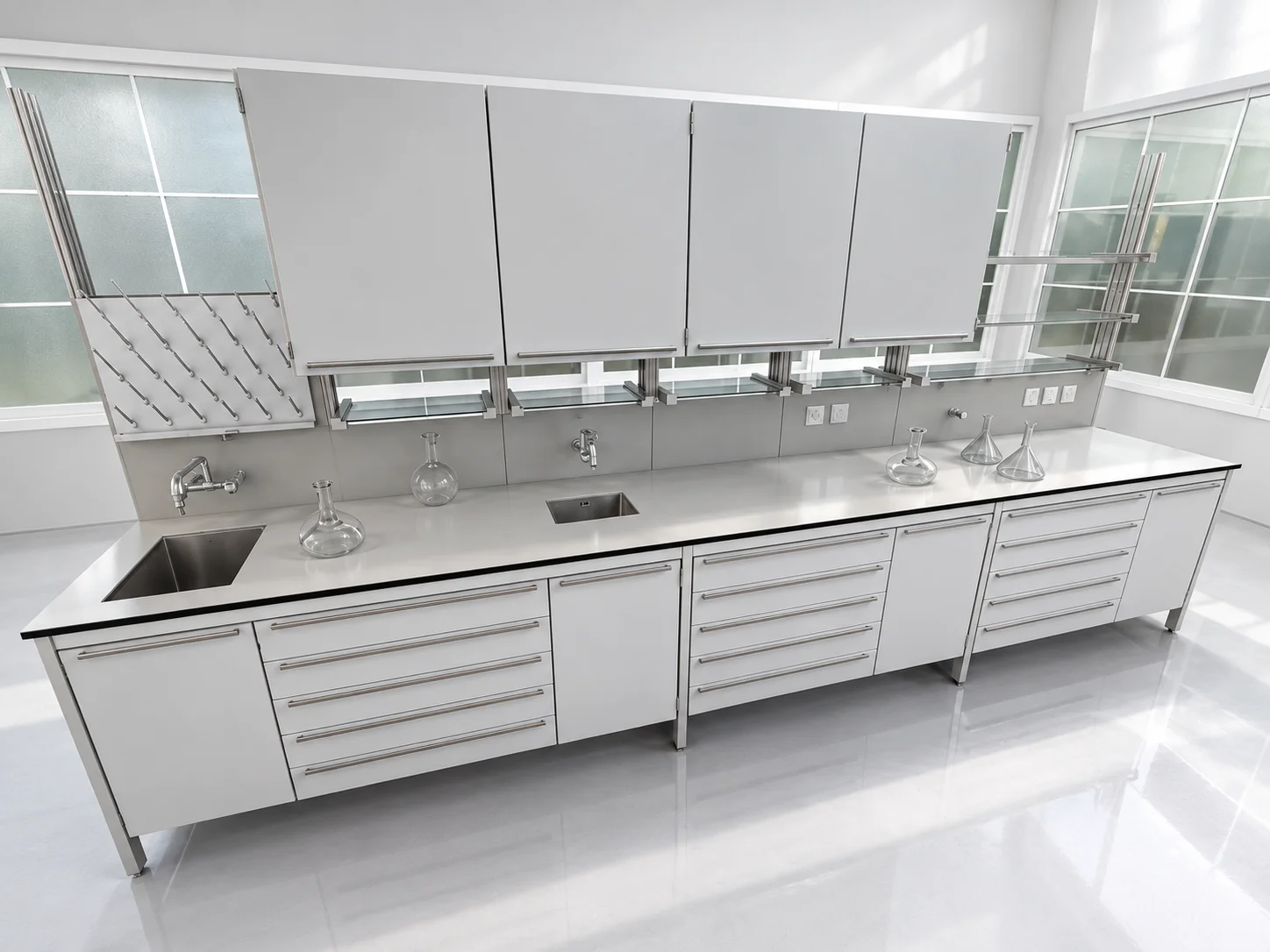 RL5 laboratory furniture system: wall bench with two sinks, drawers and wall cabinets