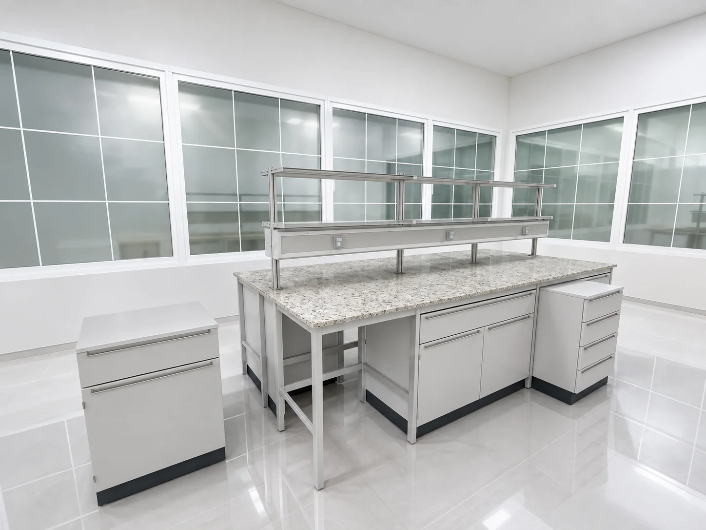 RL2 laboratory furniture system: frame bench with a quartz-granite worktop, superstructure and movable cabinets