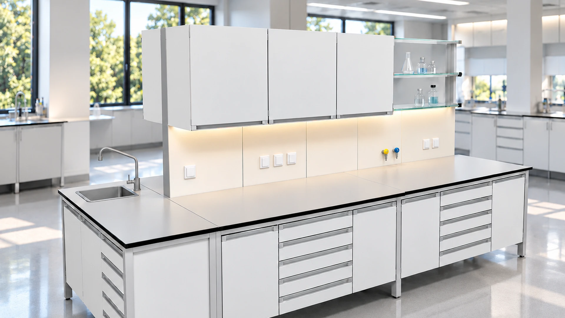 Wyspa laboratoryjna Renggli ze zlewem, zaworami gazów, szufladami i szafkami wiszącymi w jasnym laboratorium
